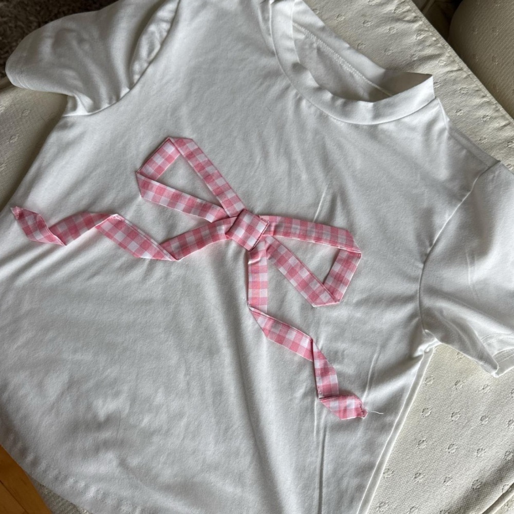 White and Pink Short Sleeve Tee with Gingham Accents